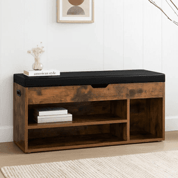 Banco Zapatero de Madera Rústica con Asiento Acolchado y Baúl de Almacenaje