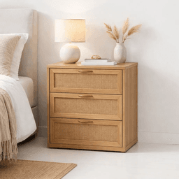 Velador Calma Rattan de Madera Clara con Cajones de Ratán