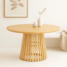 Mesa Redonda de 120 cm Madera Natural con Base Estilo Rejilla