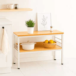 Mesa de cocina organizadora 2 niveles metal y madera clara - Blanca